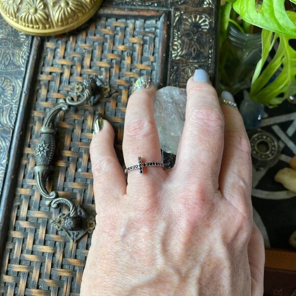 Sterling Silver Black Cz Sideways Cross Ring - Picture 6 of 6